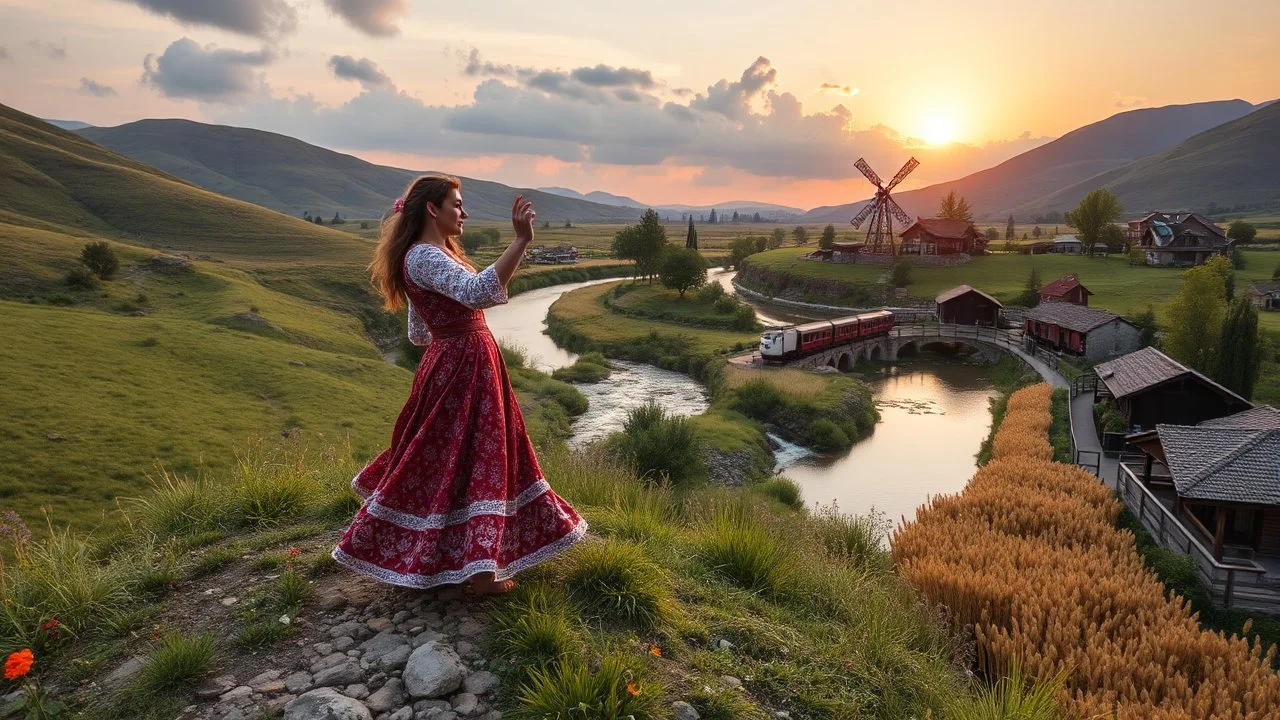 an Azeri lady and man are dancing togather to camera in village over high grassy hills,a small fall and river and wild flowers at river sides, trees houses ,next to Ripe wheat ready for harvest farm,windmill ,a pretty train is arriving to station along river,a few village local shops ,cloudy sun set sky