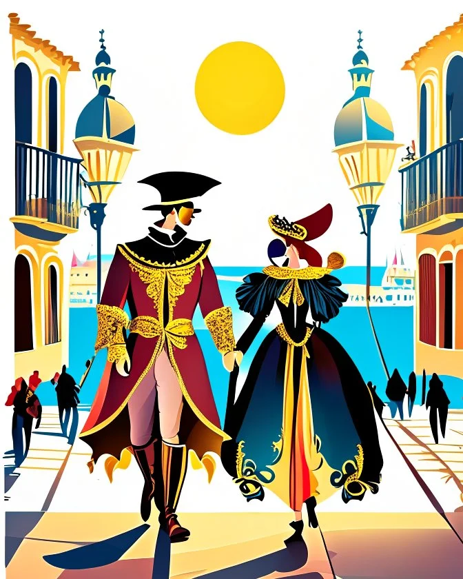 Pareja hombre y mujer con disfraz en el carnaval de Venezia caminando por Venezia mascara vestido hasta el suelo pantalones gráfica vectorial 2d detallada cielo claro soleado