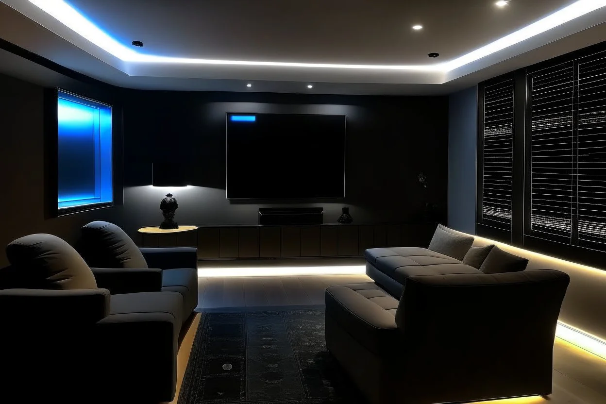 a dedicated home cinema room with LED ambient lighting in the walls