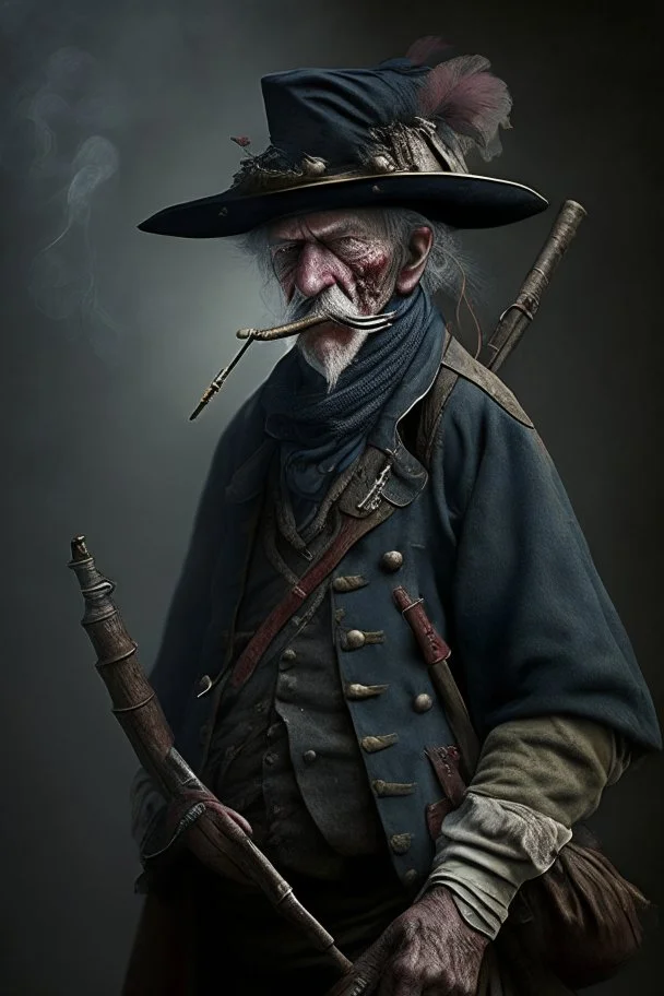 70 years old victorian bloodborne soldier with a musket, bandana and scally cap and a ciggarette