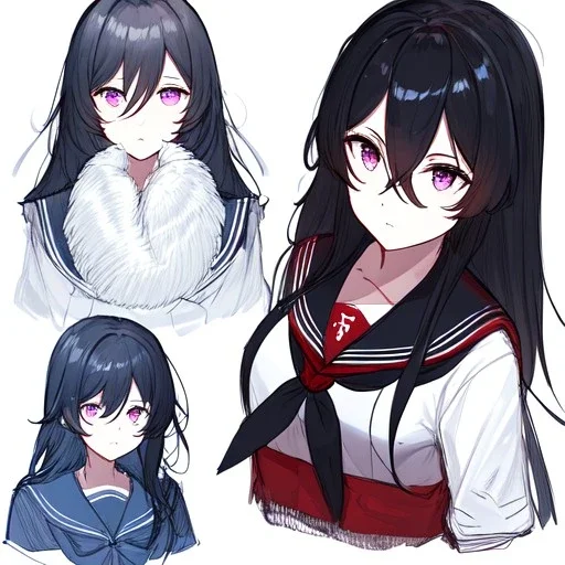 Clear focus, High resolution, rough line sketch art, long black hair, hair between eyes, fluffy hair, purple eyes, wearing a black and red sailor uniform, staring at you