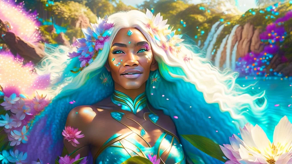 Photo realistic portrait of a gorgeous smiling skinny polynesian goddess with a golden dark shining skin, long smooth clear turquoise blue and pink white hair, blue eyes, in a sci-fi outfit with luminous strikes blowing a kiss in a hill of flowers with sakura trees, a waterfall, a crystal palace, loads of mini flowers, moss, sun rays through the branches, particles in the air at spring