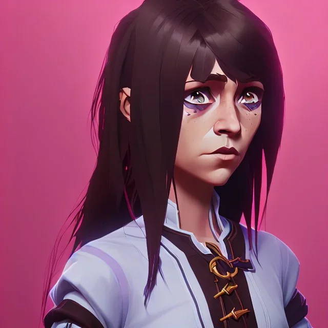 Portrait of a pretty 10 year old warlock girl with brown hair with bangs and blue eyes