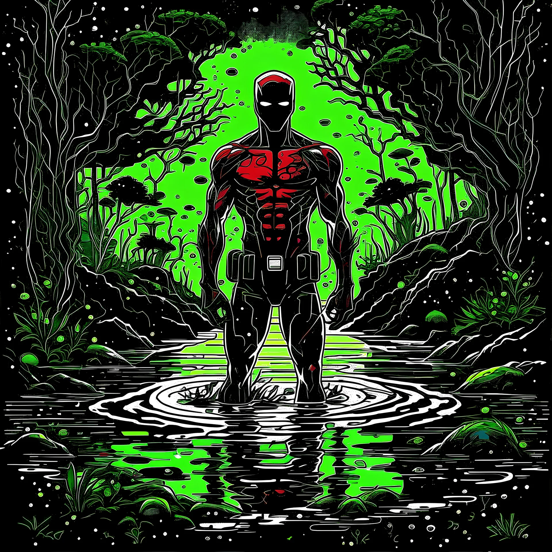 vector art, swamp thing deadpool hybrid, illustration, black background, Vectorstock, flat