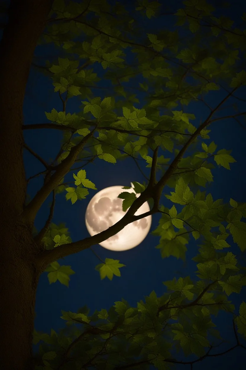 Night, tree leaves, moon, clouds, photography