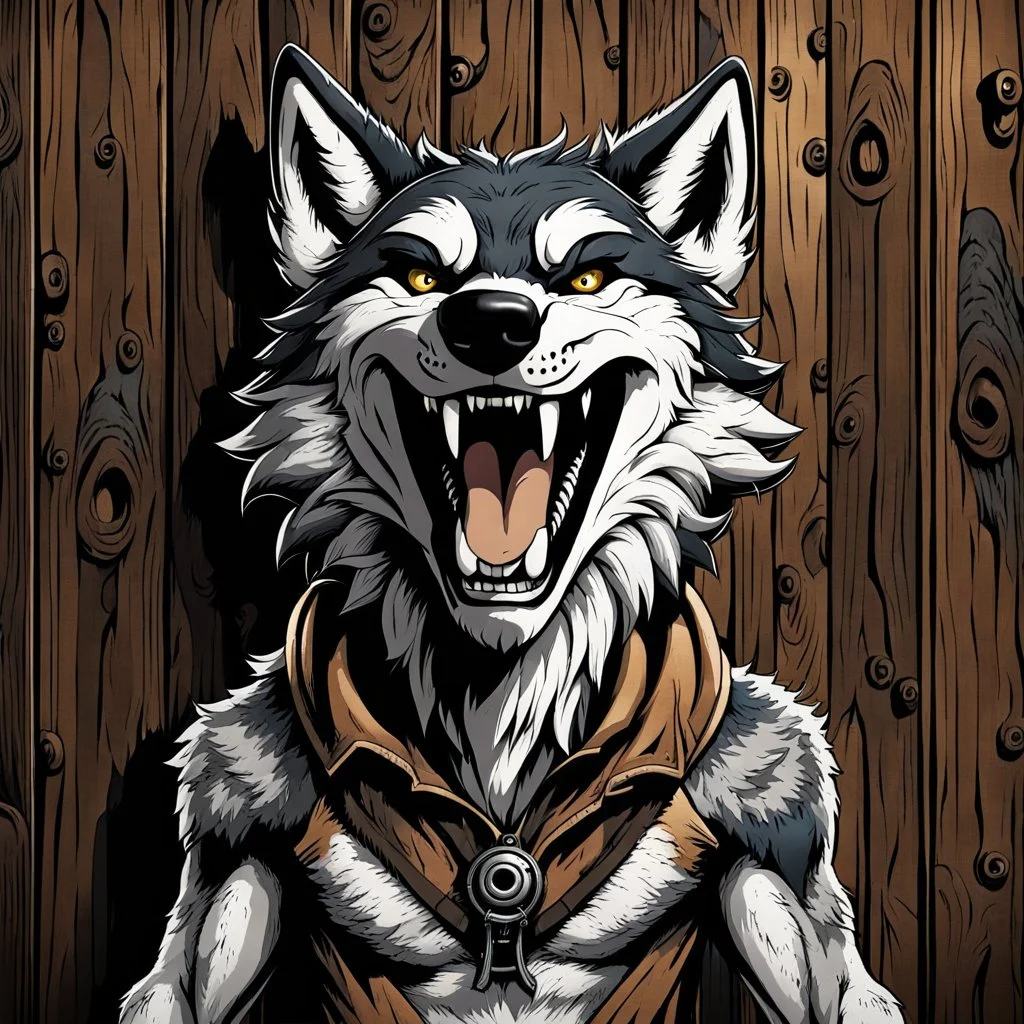 an anthropomorphic wolf facing at the camera and around him cheerful anthropomorphic wolves laugh at him , in the background many wooden wall, high realistic, high detailed, dark fantasy, cinematic
