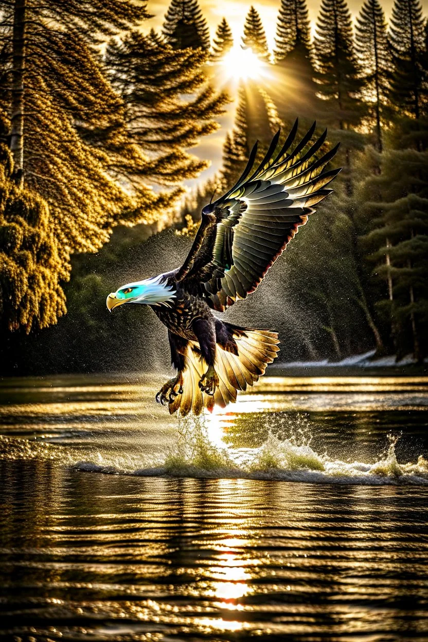 An image capturing a majestic eagle in flight, gripping a large fish in its talons as it soars above a winding river. The sunlight glistens on the water below, and the eagle's powerful wings spread wide against the sky. The scene showcases the eagle's incredible hunting prowess and the dynamic beauty of the natural world.