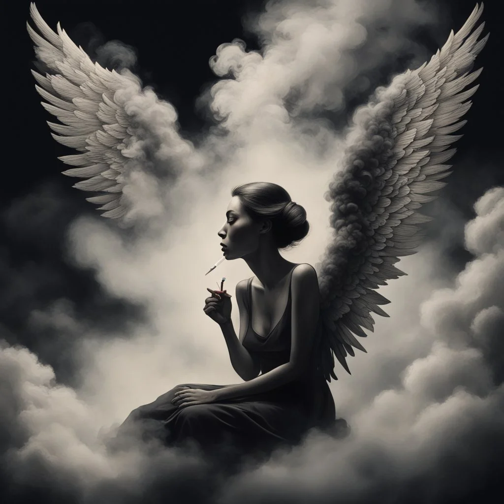 women sitting forward Her face turned upwards and blows cigarette smoke from their mouth. It depicts a figure with wings emerging from its back. behind the clouds of smoke seen death. dark and mysterious