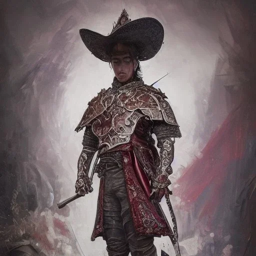 Insanely detailed photograph of an “portrait of an D&D Echo Knight wearing a burgandy charro”, intricate embroidered cowboy hat, stern clear face and hyperdetailed painting by Ismail Inceoglu Huang Guangjian and Dan Witz CGSociety ZBrush Central fantasy art album cover art,8K, hdr, epic, mysterious, ominous, hands focused on a glowing D20, jewelry, motivated