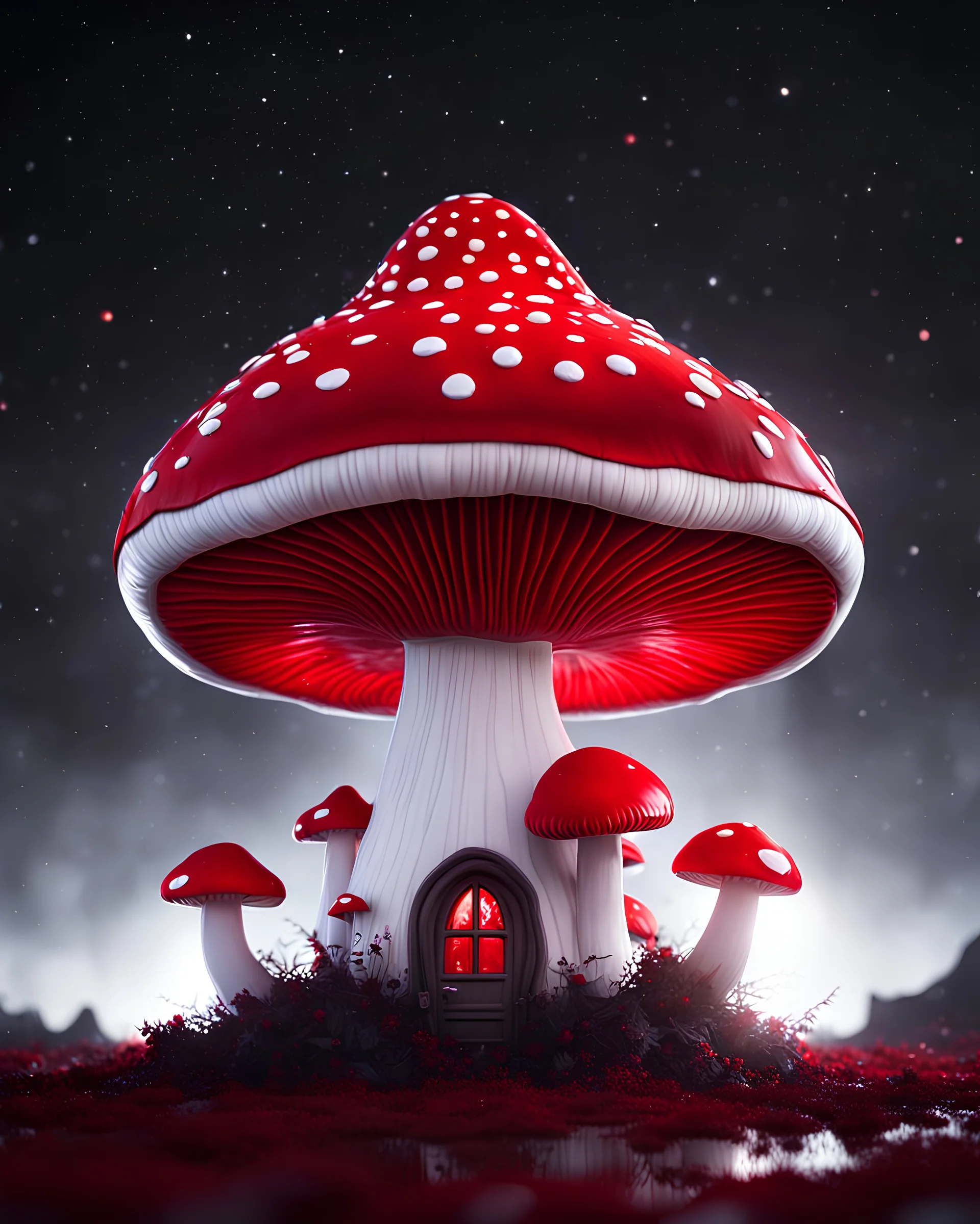 An illogically floating mushroom house on a clear night. white and white and red, Stars Dark cosmic interstellar. Detailed Matte Painting, deep color, fantastical, intricate detail, splash screen, hyperdetailed, insane depth, concept art, 8k resolution, trending on Artstation, Unreal Engine 5, color depth, backlit, splash art, dramatic, High Quality Whimsical Fun Imaginative Bubbly, perfect composition