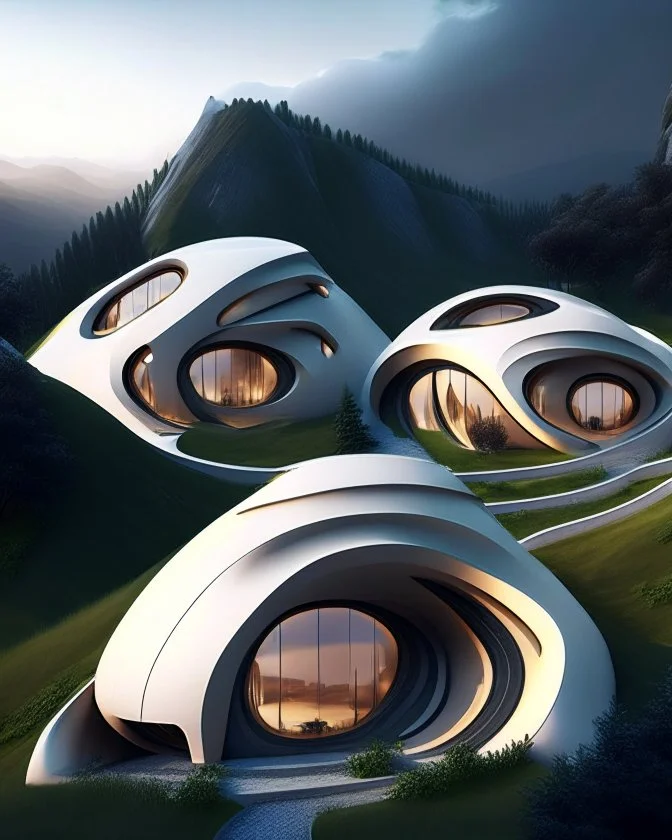 casas pequeñas en una pendiente, en forma ovalada y redonda, estilo Zaha Hadid, calidad ultra, arte digital 3D, 8k