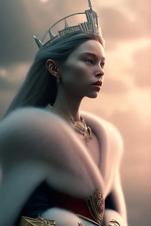 photo of a ultra realistic queen, dramatic light, pale sunrise, cinematic lighting, battered, low angle, trending on artstation, 4k, hyper realistic, focused, extreme details, unreal engine 5, cinematic, masterpiece, art by studio ghibli, intricate artwork by john william turner