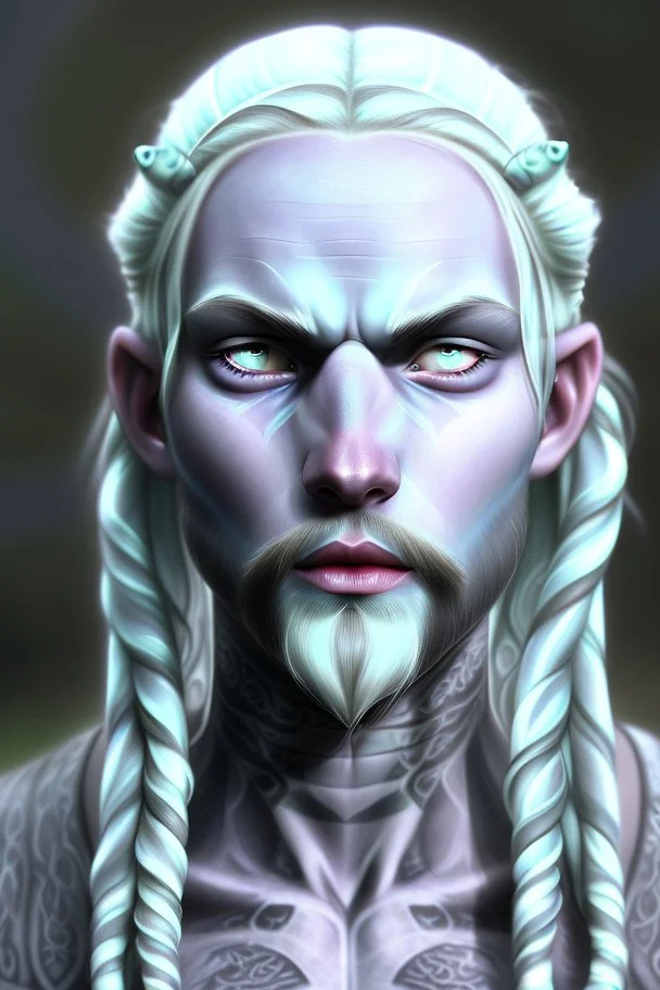 A tieffelin with blue skin and white Dreadlock hair. His pupil-less eyes are green. He wears a small beard. His horns are black and curved backwards. He wears a beige tunic.