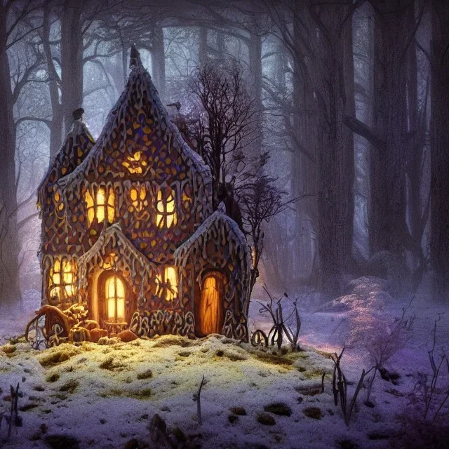 a witch house in the woods made of gingerbread, cerulean frosting, and pastel candies, 8k, flickering light, centered, high-quality, fine-detail, digital art, detailed matte, volumetric lighting, illustration, 3D octane render, brian froud, howard lyon, ben goossens, George Grie