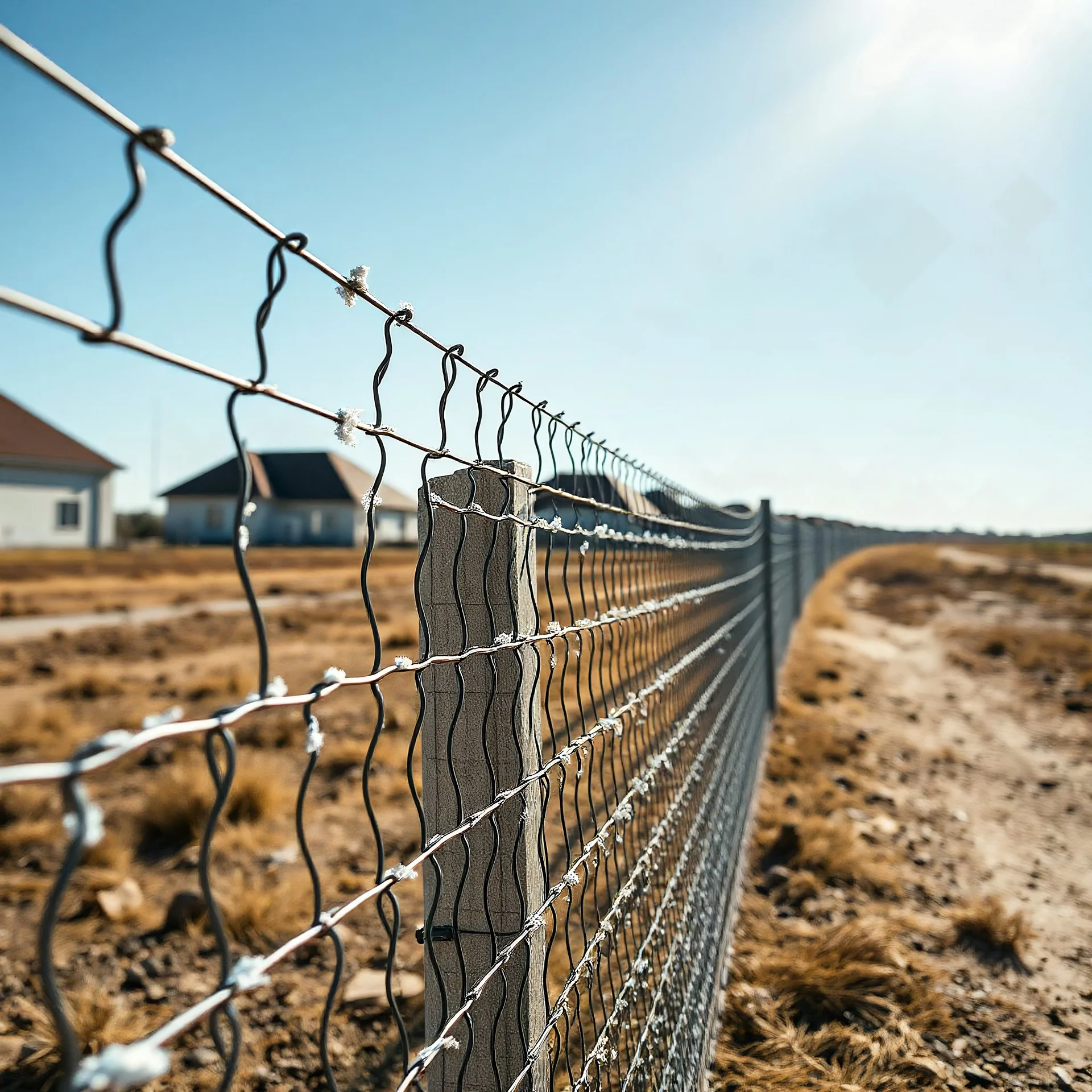 Photograph, wasteland, noon-light, huge fence in the background, bright, daylight, details of the powder very accentuated, high contrasts, fence, powder, aluminum, row of houses, glossy, organic, strong texture, fiotti.