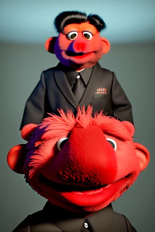 Waist up muppet Portrait, Kim Jong-un muppet doll, black suit, photo studio, red background, unreal engine 5, concept art, art station, ray tracing, lumen lighting, ultra detail, volumetric lighting, 3d.