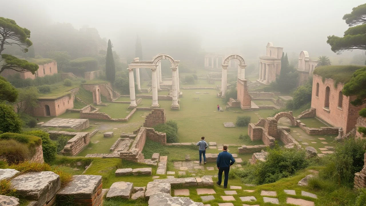 An ancient city with crumbling ruins and lush greenery, enveloped in mist, with archaeologists in casual clothing carefully exploring the site, giving a sense of discovery., soft pink color scheme, scandinavian vibe, diffused pale light