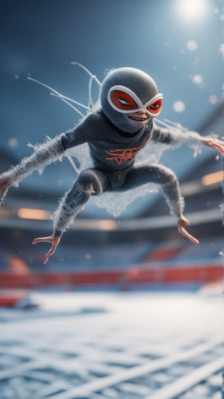 flying ninja spider god gremlin alien pimp caught frozen in net in ski jump arena, bokeh like f/0.8, tilt-shift lens 8k, high detail, smooth render, down-light, unreal engine, prize winning