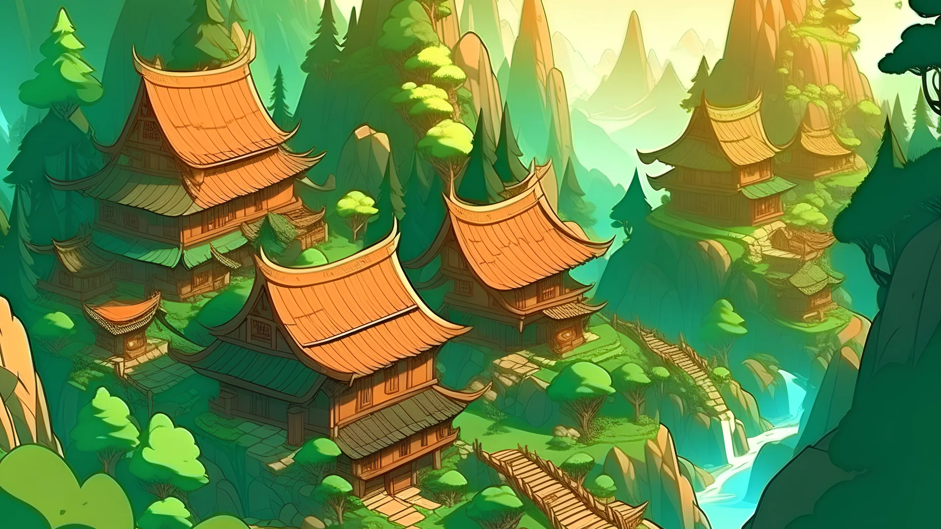fantasy cartoon style illustration: chinese mountain forest village