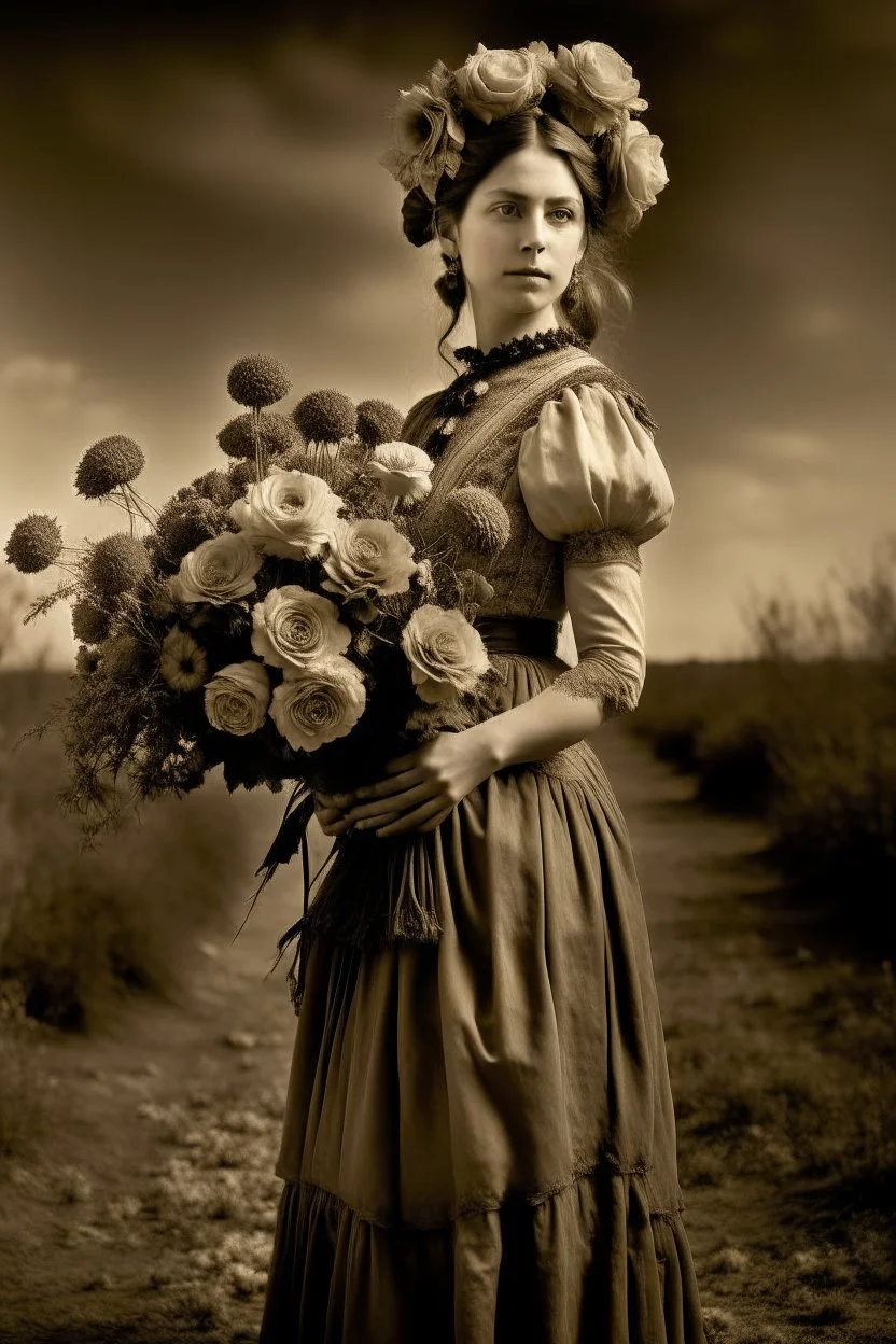 young woman, with popular 19th century style blouse and skirt, thin black bow under the neck of the blouse, huge bouquet of flowers on her head, full body, in a 16K wasteland, toned in sepia, estilo Bansky, profile view