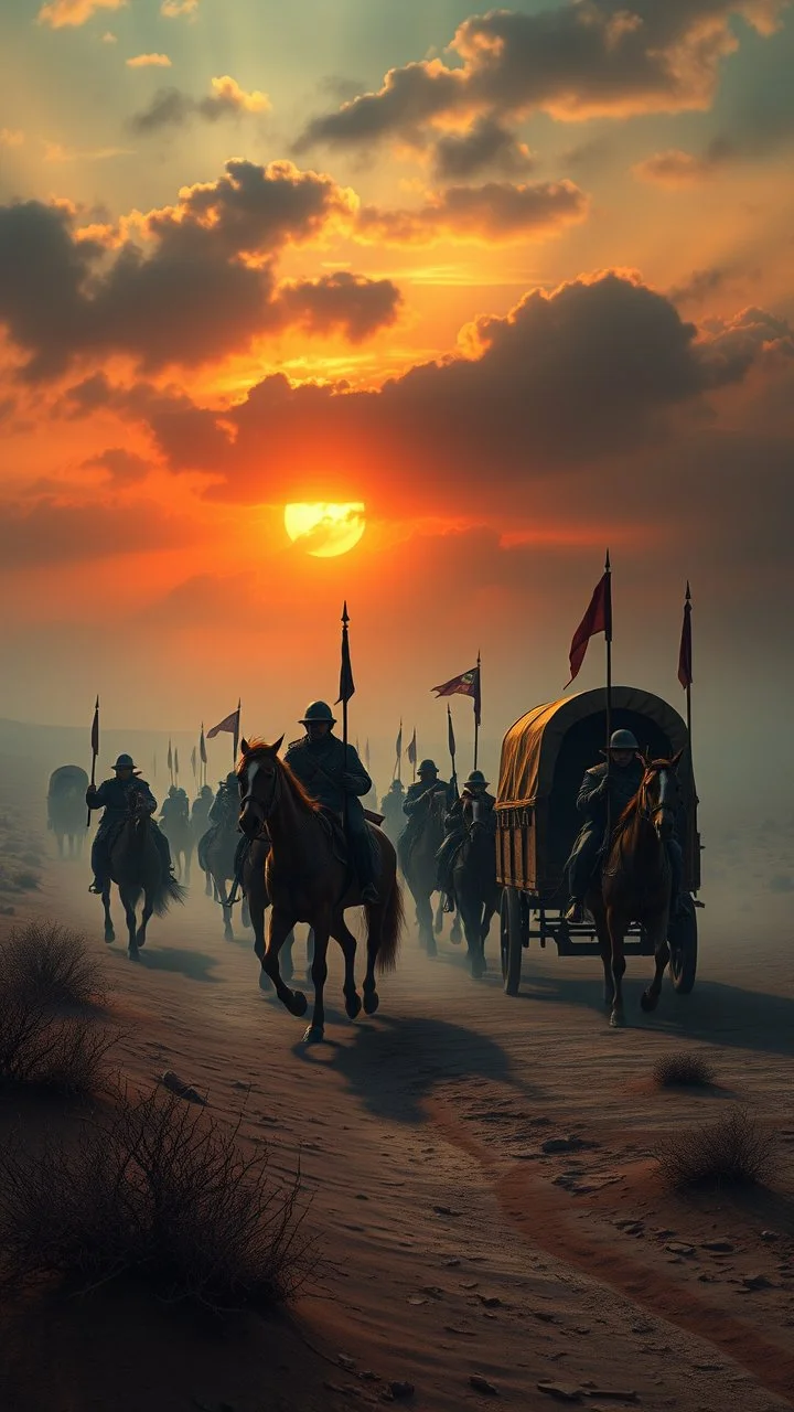 Bosch painting style nightmare , 3D ,a group of wagons pulled by horse guarded by strong soldiers with sticks dramatic misty scene of the sunset time in a stormy weather in the desert background, high Quality picture , 8k