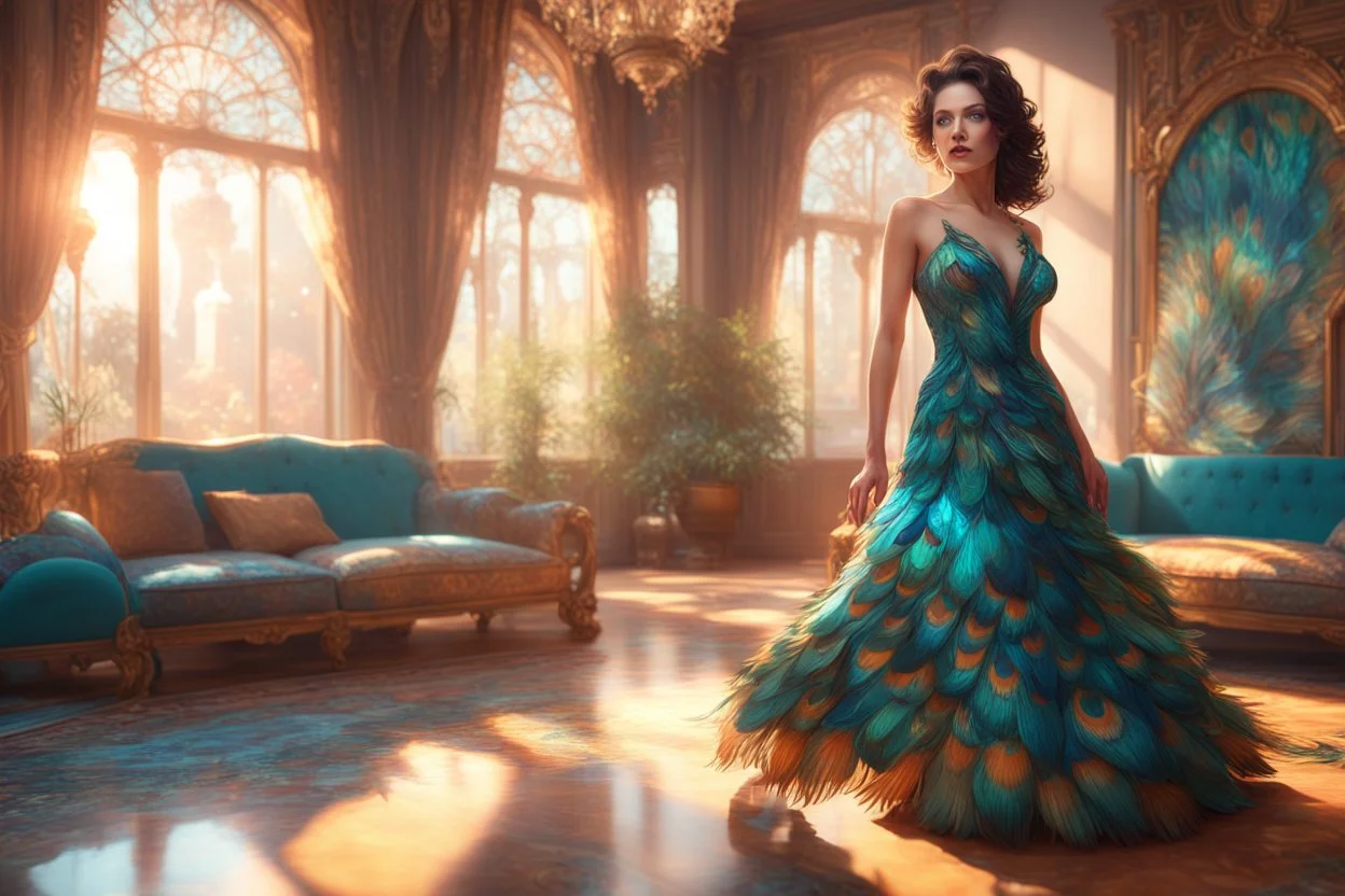 brunette woman standing in an elegant living room in a beautiful peacock feather dress in sunshine Weight:1 8k resolution concept art by Greg Rutkowski dynamic lighting hyperdetailed intricately detailed Splash art trending on Artstation triadic colors Unreal Engine 5 volumetric lighting Alphonse Mucha WLOP Jordan Grimmer orange and teal Weight:0.9