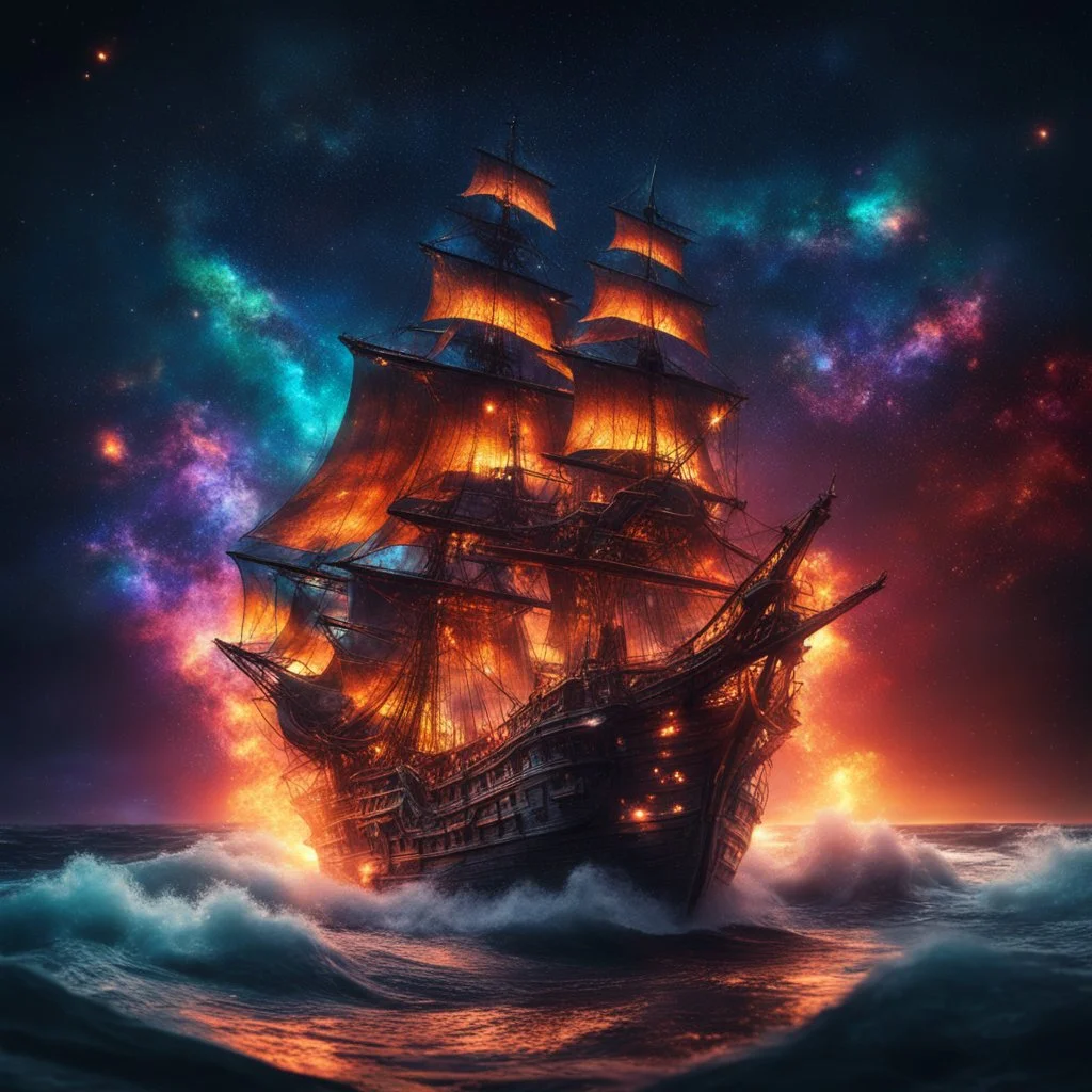 burning pirate ship on the sea, starry colorful cosmic night sky, bright colors, glowing sparkle particles, dark tone, sharp focus, high contrast, 8k, incredible depth, depth of field, dramatic lighting, beautifully intricate details, clean environment, epic dynamic scene