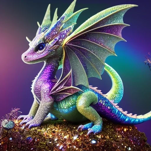 cute, adorable baby dragon made of crystals and gems, glittery scales, iridescent wings, sitting on forest floor, muted rainbow colors, intricate, fine detail, 8k, sharp, crisp, high-quality, 4k , octane render, detailed matte, volumetric lighting, brian froud, howard lyon, anne stokes, lisa parker, selina french, greg rutowski