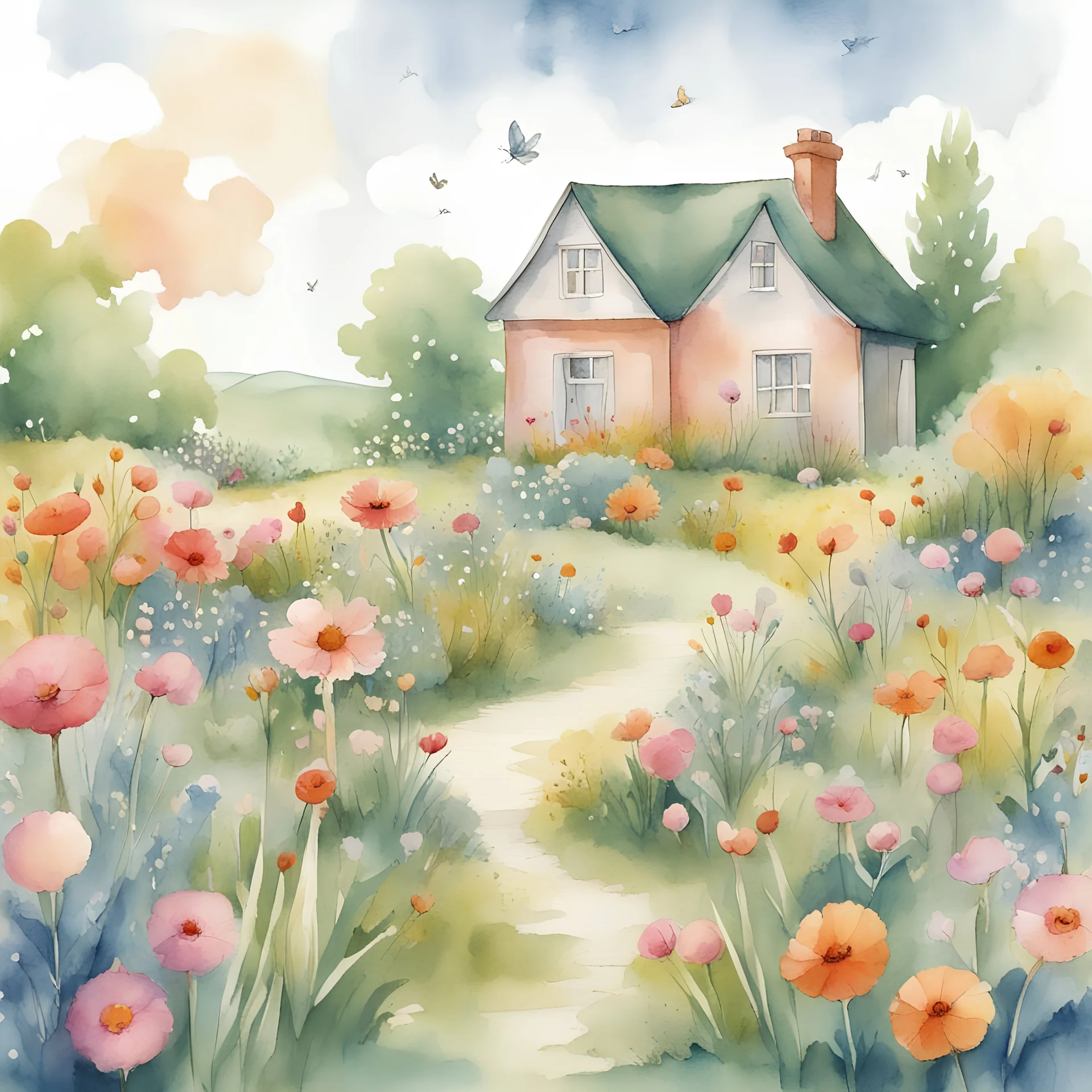 Create a charming and whimsical children's illustration in a watercolour style featuring a garden full of flowers and cute nature scenery in a prairie. The scene should evoke a sense of magic and playfulness, making it an enchanting visual for young readers. Emphasize vibrant colors and an overall delightful atmosphere. Let the illustration capture the imagination, making it a perfect addition to a children's book or any playful setting.