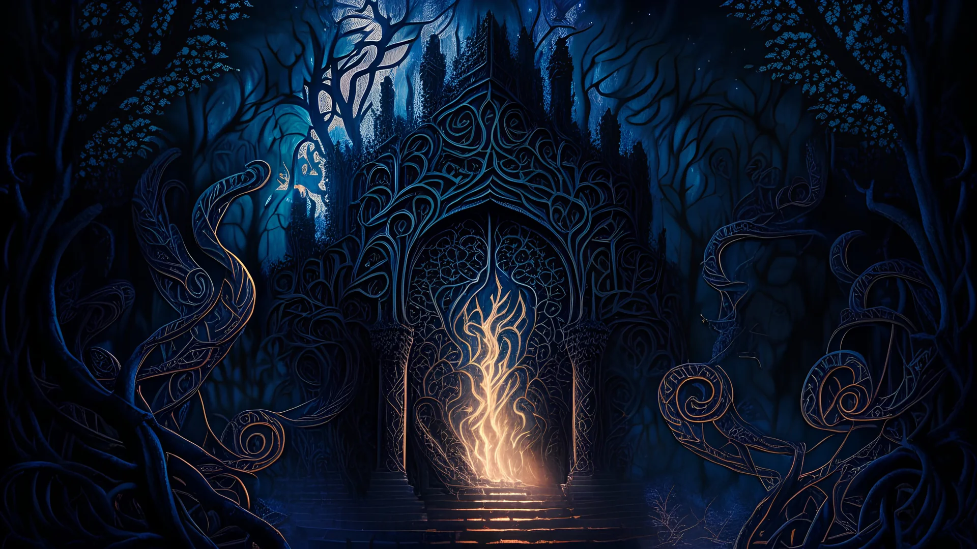 A digital painting with intricate patterns and textures depicting smoke climbing a temple of dark vines, where shadows dance in the moonlight