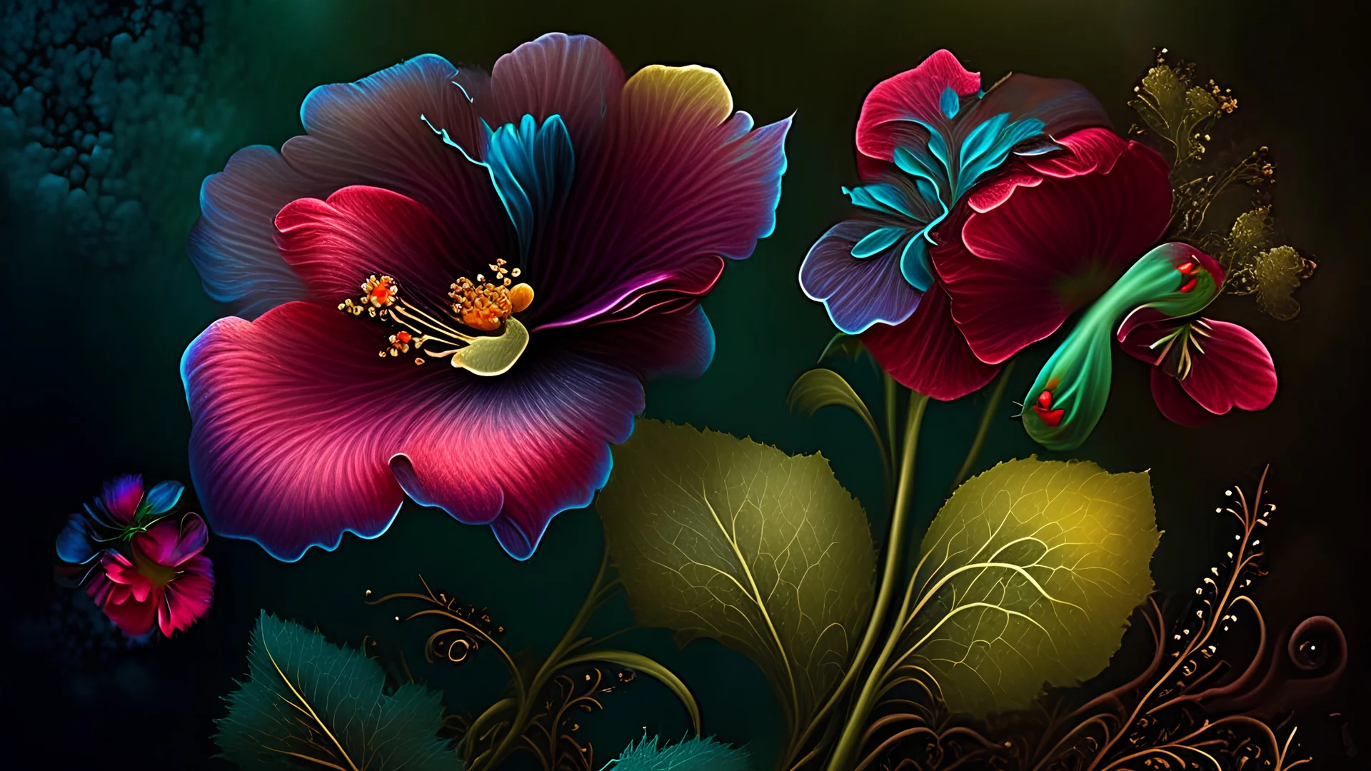 Create an art work of FLOWERS in FANTASY INSPIRED ART style --Ar 16:9, --Seed 777.