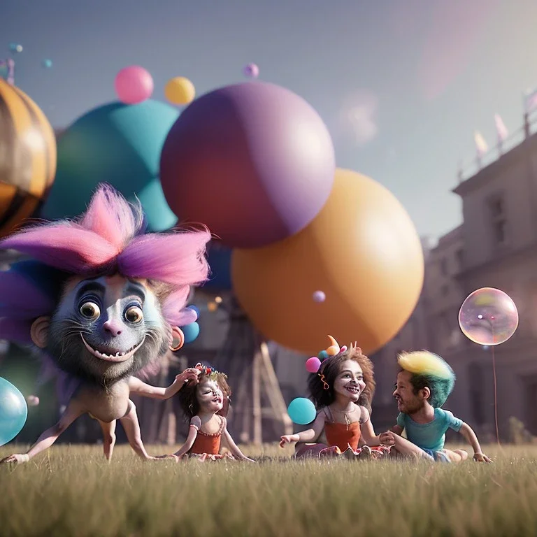 Ultra realistic circus scene. Sweet hair monster and Child’s playing, smile, happy, color bubbles, smooth color, waist up view, Wes Anderson style, dark ambient, highly detailed, concept art, unreal engine 5, god rays, ray tracing, RTX, lumen lighting, ultra detail, volumetric lighting, 3d, finely drawn, high definition, high resolution.