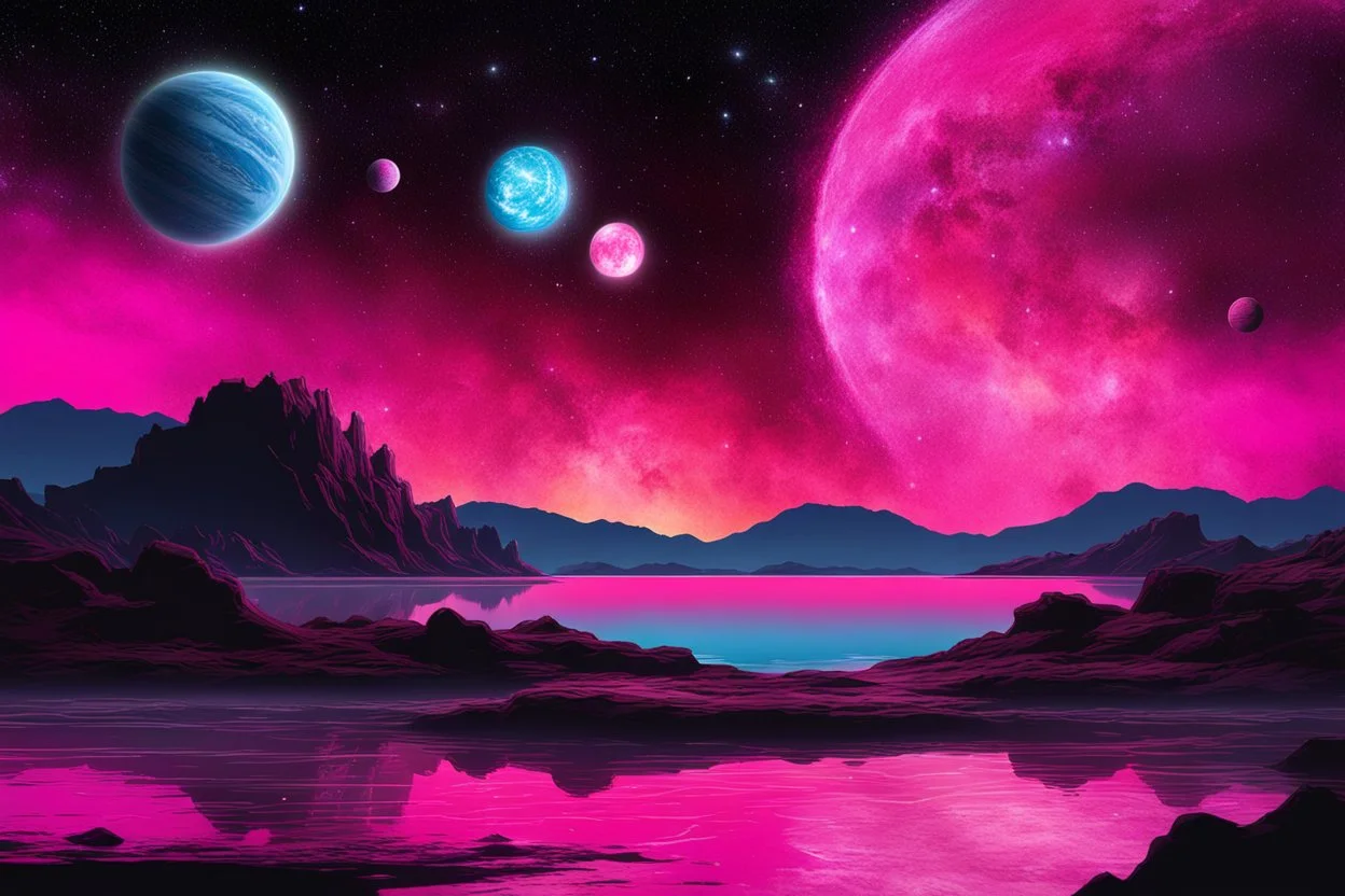 fushsia sky, planet in the sky, lake, sci-fi, mountains, galactic cosmic influence