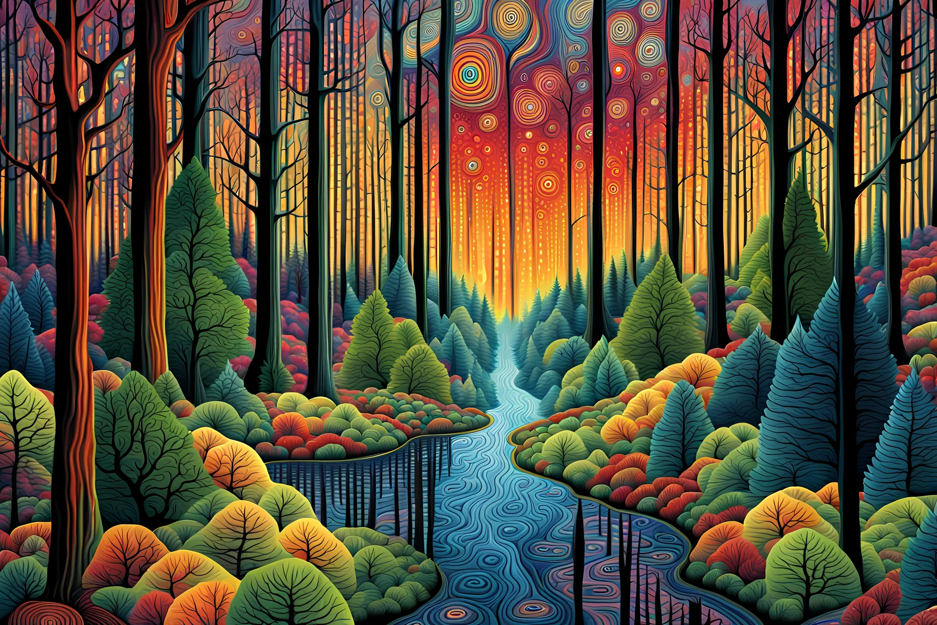 rainy forest in a psychedelic pattern in the illustrated style of Alex Grey