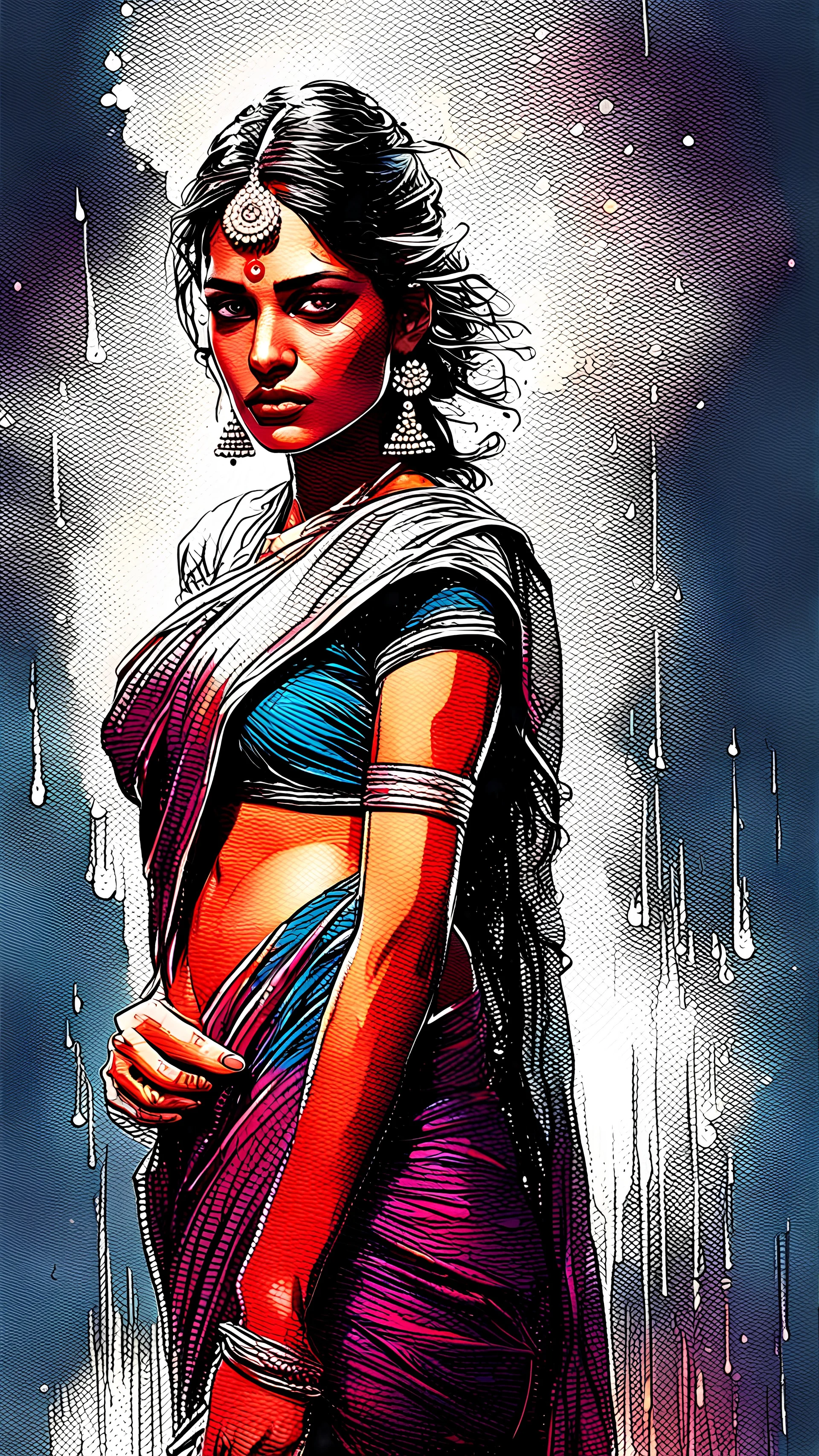 An indian beautiful supermodel in saree, rain, dawn, by Greg Rutkowski and Russ Mills, head and shoulders portrait, 8k resolution concept art portrait by Greg Rutkowski, Artgerm, WLOP, Alphonse Mucha dynamic lighting hyperdetailed intricately detailed Splash art trending on Artstation triadic colors Unreal Engine 5 volumetric lighting