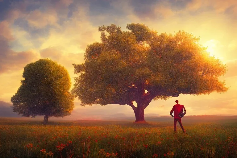 An Oak tree,on a valley,blue deep sky, Colourful meadow,and a man in red staring at the sunset,details,texture,8k quality, 100 meters snapshot, Expressionism