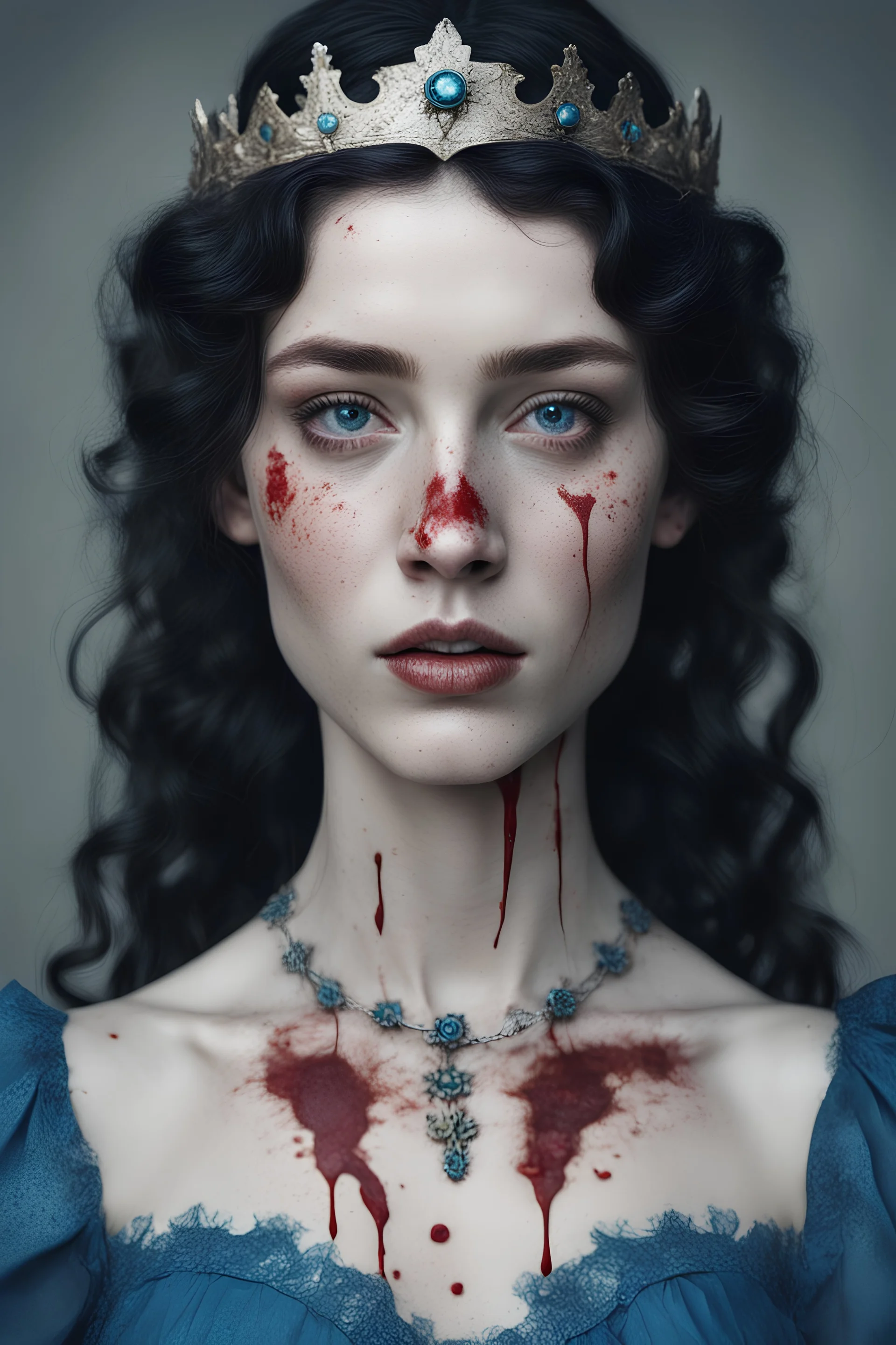 Uma mulher de cabelos pretos ondulados, olhos azuis, pele bem branca com sardas no rosto e algumas marcas de nascença no pescoço. Uma coroa manchada de sangue na cabeça, um vestido azul decotado