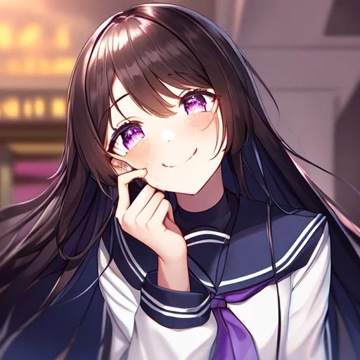 Clear focus,High resolution,High quality, Wearing a sailor uniform, Black long straight hair, Purple sparkling eyes, Hand on mouth, Crying, Smiling