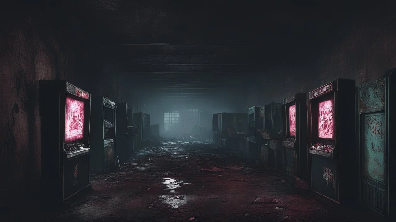 desolate dark arcade, horror, no humans