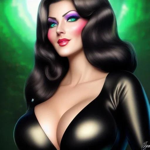 ultra detailed fullbody portrait of busty beautiful Dawn , wearing skintight black costume, extremely detailed digital painting, intrincate, extremely detailed smiling face,crystal clear Big Green eyes, in the style of Adam Hughes , mystical colors , perfectly centered image, perfect composition, rim light, beautiful lighting,8k, stunning scene, raytracing