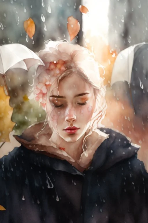 watercolor portrait of a woman, lush hair, rain, flowers, umbrella, autumn, paint blots, splashes, tears, plants