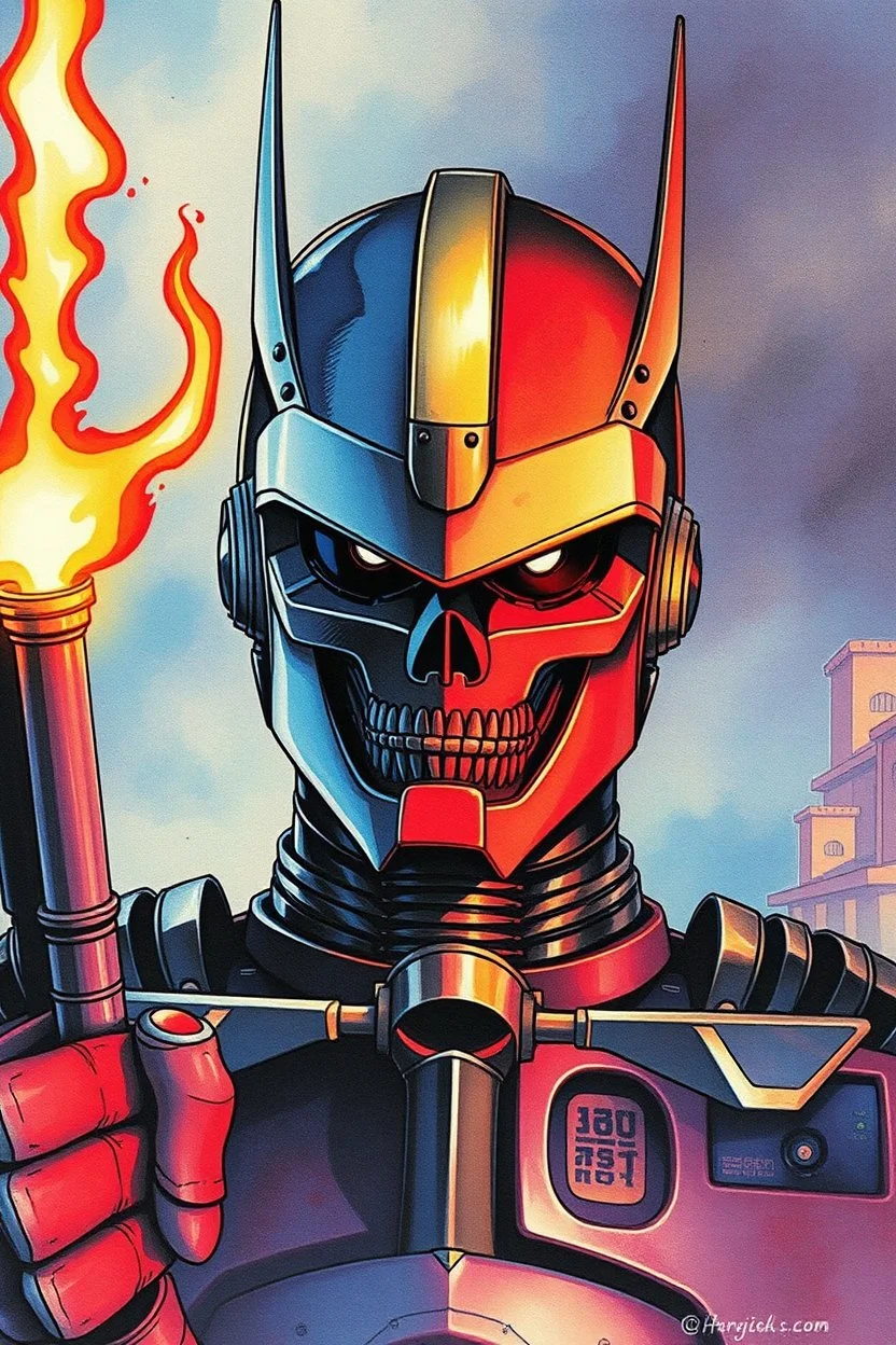 retro anime style, serious 1990s OVA anime style,Best quality, masterpiece, ultra high definition,Highly detailed etro anime style, full color, dark serious 1980s anime terminator like robot, moebius artist, magic, watercolor,