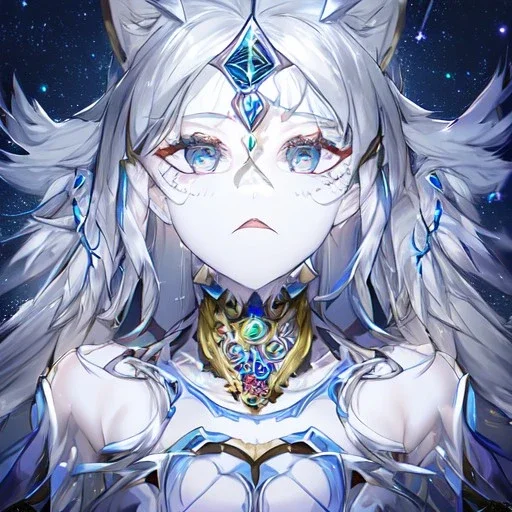 cosmic mage, elf, female, battle mage, epic, cosmic magic, long ears, white hair, face details, pale skin, jewellery, broad shoulders, sharp ears, cosmic clothes, cosmic eyes, ears shown, light out of eyes, the cosmos in eyes, stars in eyes, shining eyes, non human face, thin face, animation, detailed ears, magical eyes, non realistic, closed mouth, bigger make up, smiling face