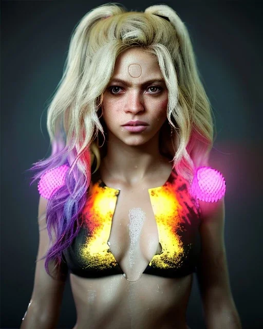 portrait, Shakira, blonde artist, angry, Realistic image, MMA robe, hoodie, mma gloves, band aid, loose long hair, eyes make up, face line gold make up, circle iris. moisture sweat, fog, Neon colors, leds. Dark background, photo studio, concept art, smooth, unreal engine 5, god lights, ray tracing, RTX, lumen lighting, ultra detail, volumetric lighting, 3d, finely drawn, high definition, 4k.