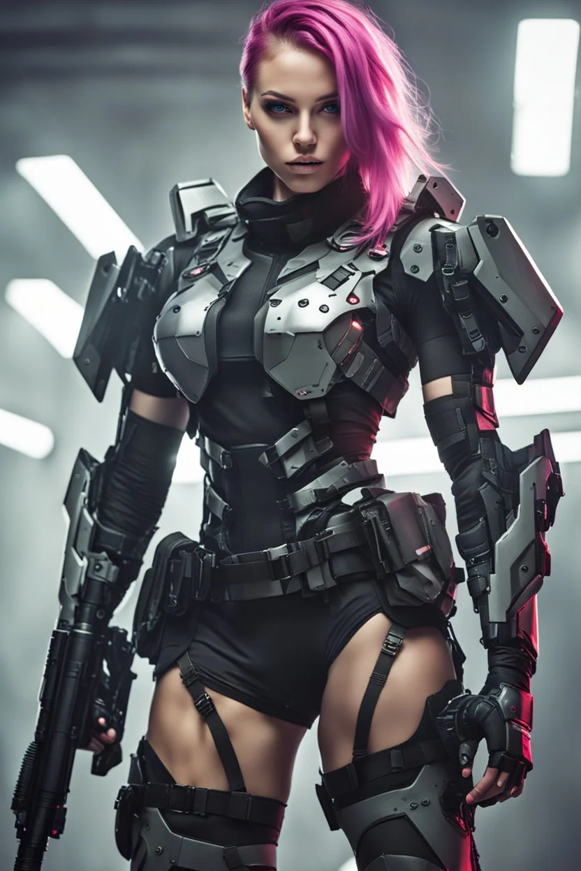 Full body image of a army cyberpunk cyborg beautiful super model girl,good body,lighting background