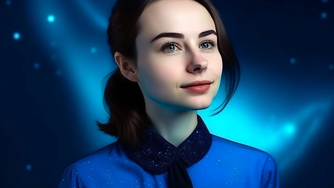 Portrait of pretty lady wearing a blue collar on space background