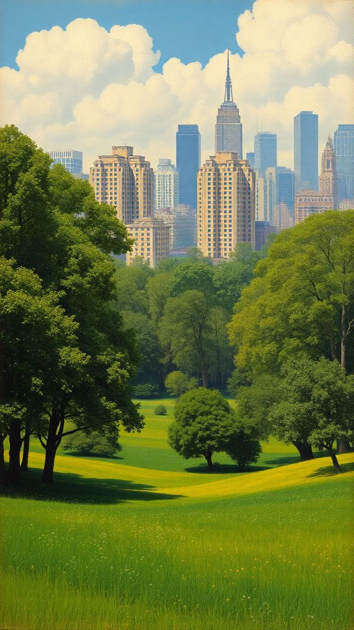 A green plain near a big city high rise buildings painted by Henri Rousseau