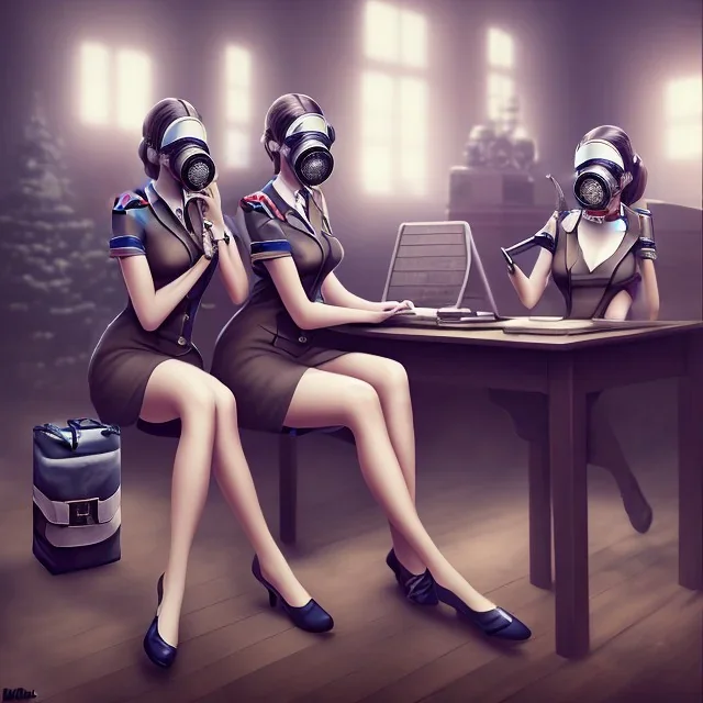 cute girls sitting at the computer in military gas masks. one of the girls is sticking out of the channel