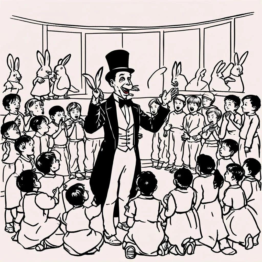 A magician stands in front of a group of children who sit in front of him on a mat on the floor and pulls out a rabbit from a top hat, the children look open-mouthed and wide-eyed and clap their hands, in the background a parrot stands on a pole and observes what is happening