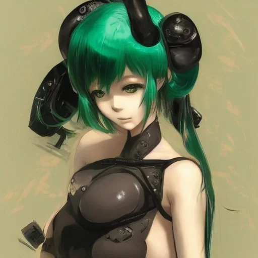 Detailed cute anime Kunoichi girl, green hair buns, greem bangs, black latex bodysuit, intricate details, full body portrait, keep head in frame, slight smile, black Japanese motif, concept art, highly detailed, digital painting, concept art, sharp focus, illustration, art by Yoji Shinkawa, WLOP and greg rutkowski and alphonse mucha and artgerm and yanjun Chen and Junji ito and Makoto Shinkai, HDR, octane render